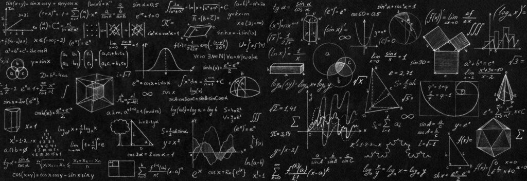 Blackboard inscribed with scientific formulas and calculations in physics and mathematics.